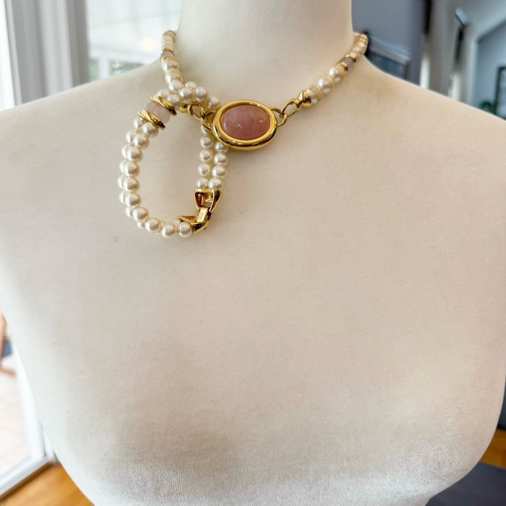 Vintage Napier Pink Quartz Faux Pearl Necklace & Bracelet Set Gold Tone Closure